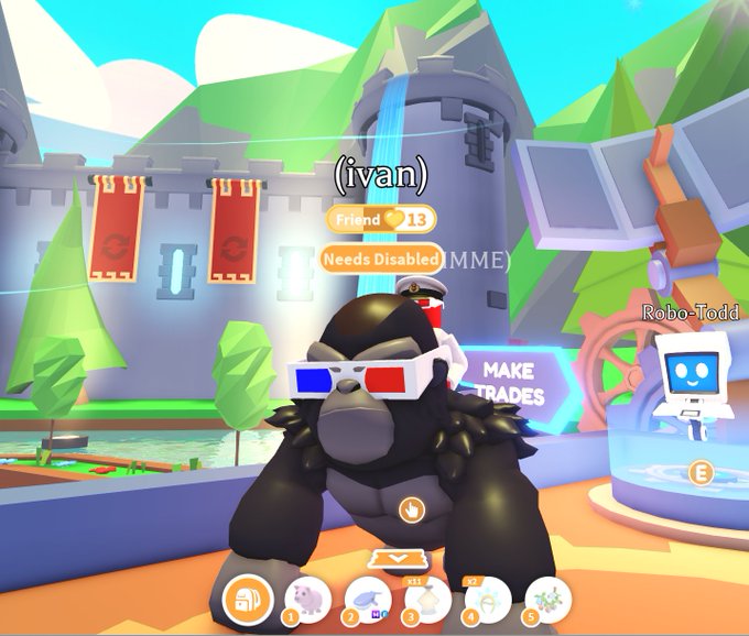 A screenshot from the game Adopt Me showing a gorilla pet wearing 3D glasses named '(ivan),' which is labeled as a 'Friend' with 13 hearts and 'Needs Disabled.'