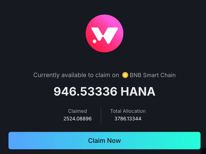 A dark-themed interface showing a HANA token claim screen with 946.53336 HANA available to claim on BNB Smart Chain, with 2524.08896 already claimed out of a 3786.13344 total allocation, featuring a 'Claim Now' button.