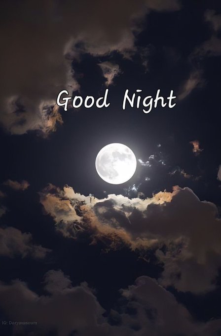 A nighttime scene featuring a bright full moon shining through clouds, with the text 'Good Night' displayed in the sky.