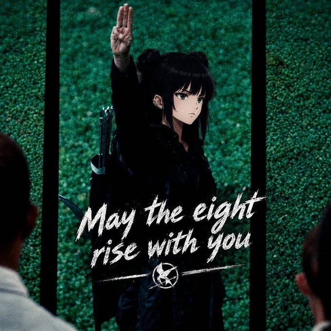 An anime-style image of a female character with black twin buns wearing a black outfit and holding up three fingers, with the text 'May the eight rise with you' overlaid on a green grass background.