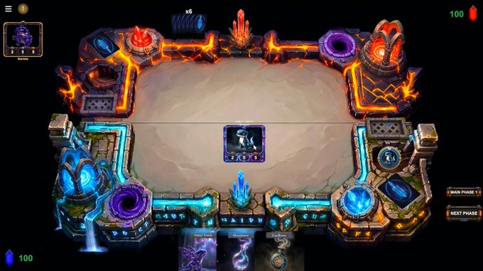 A digital card game battle arena with a fantasy theme, featuring glowing lava borders, crystal formations, a blue gem on the left, a red gem on the right, and player cards at the bottom of the screen.