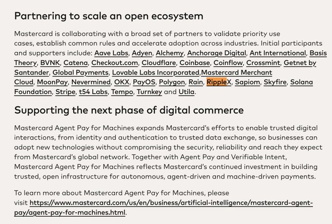 The image shows a white background with black text that reads "BREAKING $XRP Ledger is now tied into Mastercard's Agent Pay for Machines Super-fast, always-on payments for AI agents, devices, and commerce. This is where real utility starts to matter." The image also includes a link to the post on which it was displayed.