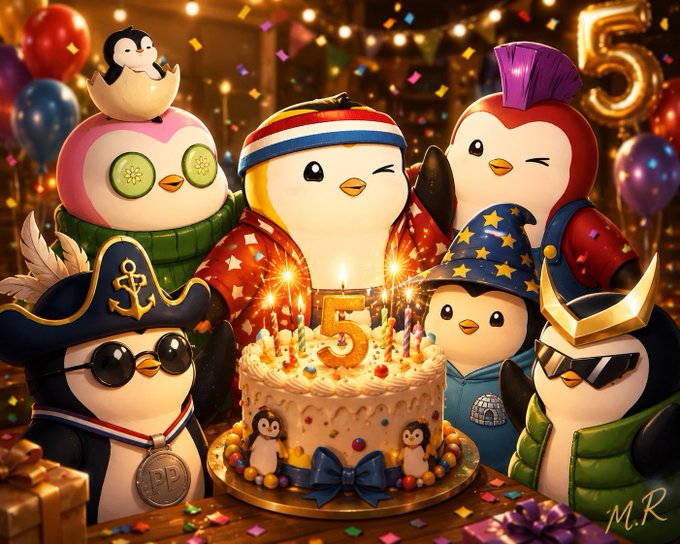 A festive birthday celebration scene features various penguin characters gathered around a cake with the number '5' on it, surrounded by balloons, confetti, and candles, signed 'M.R'.