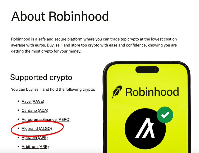 The image shows a phone screen with Robinhood app displayed, along with some text about the app's features. There are two arrows pointing at different parts of the screen, possibly indicating options or actions within the app. The main focus of the image is on the app name and logo, which reads "ALGO @ RobinhoodApp". This suggests that the app might be related to cryptocurrency trading or investing in some way.