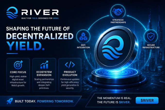 A promotional graphic for 'RIVER' with the text 'SHAPING THE FUTURE OF DECENTRALIZED YIELD' and 'BUILT FOR YIELD. DESIGNED FOR WEB3.', highlighting features like 'STRATEGIC PARTNERSHIPS', 'DEFI INTEGRATION', and 'SECURE INFRASTRUCTURE' alongside the $RIVER ticker.