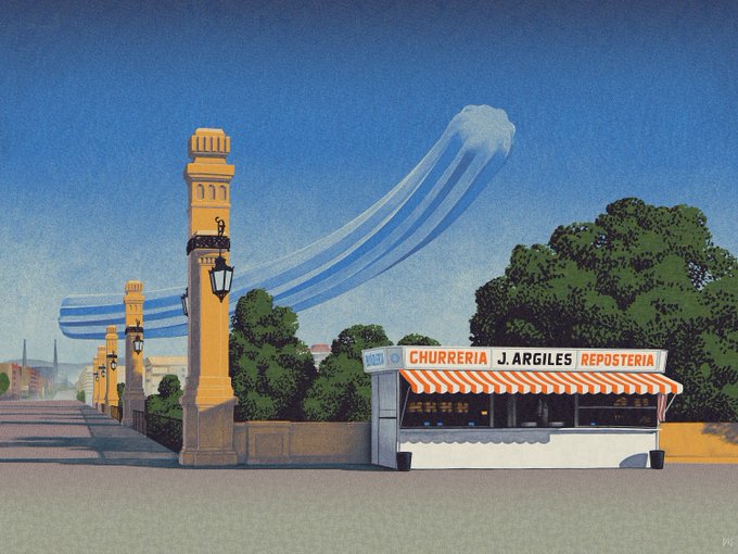 A colorful illustration of a street scene featuring a kiosk labeled 'CHURRERIA J. ARGILES REPOSTERIA' with a red and white striped awning, set against a bright blue sky with stylized clouds and yellow ornamental pillars.