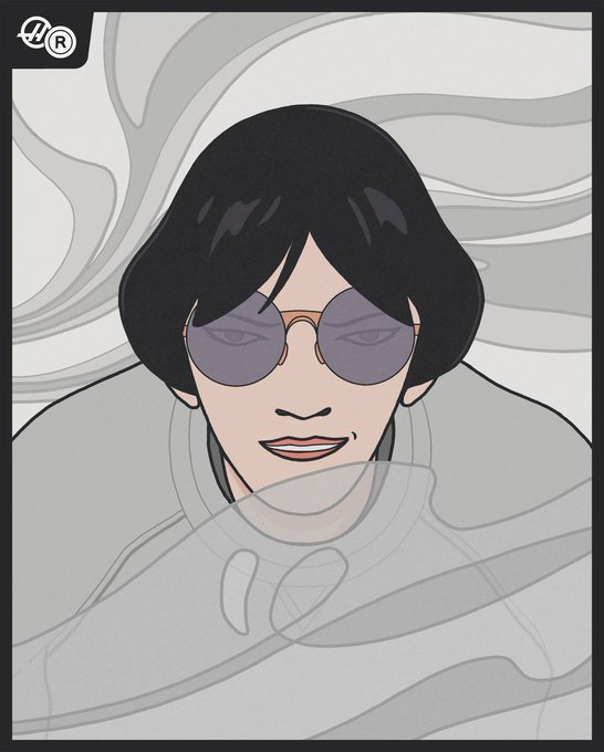 A stylized anime-style illustration of a person with short black hair wearing round purple-tinted glasses, dressed in a gray hoodie, with swirling gray smoke or lines in the background and an 'LR' logo in the top left.