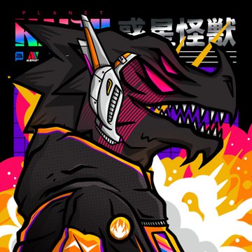 A stylized illustration of a robotic dinosaur-like character with sharp teeth, featuring Japanese text 'プランド' and '或是怪獸' against a vibrant pink, orange, and yellow background.