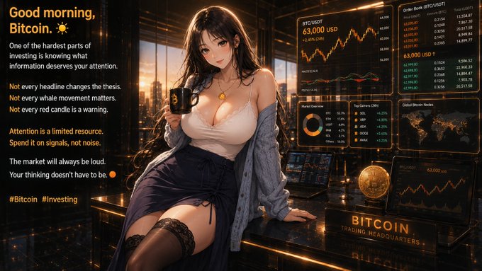 An anime-style illustration of a woman at a 'BITCOIN TRADING HEADQUARTERS' with charts displaying 'BTC/USD' at 63,000 USD, accompanied by text reading 'Good morning, Bitcoin.'
