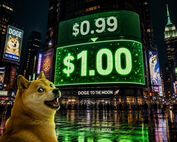 A Shiba Inu dog stands before a Times Square billboard prominently displaying "DOGE" and the milestone prices "$0.99" and "$1.00," capturing the community's rallying cry of "$DOGE to the moon & to a dollar." The image visualizes the post's message by framing the long-awaited journey from 99 cents to the symbolic $1 milestone as the singular path forward for the meme coin.