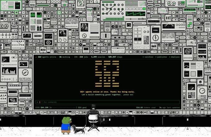 A wide screenshot showing a control room interface filled with numerous gray and black icons, where a central terminal displays a green ASCII art character and the text "562 agents online at once. Thanks for being early. let's build something great together. press esc".