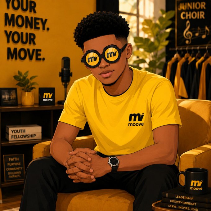 A young man wearing "mv moove" branded sunglasses and t-shirt sits in a yellow studio, with wall text reading "YOUR MONEY. YOUR MOVE." and "JUNIOR CHOIR," alongside books labeled "YOUTH FELLOWSHIP," "FAITH PURPOSE COMMUNITY BUILDING IMPACT," and "LEADERSHIP GROWTH MINDSET SERVE. INSPIRE. LEAD." The image ties into the post by visually introducing the @moovexyz brand through its "mv moove" logo, prompting followers to ask their own questions about the platform's wallet, security, and features.