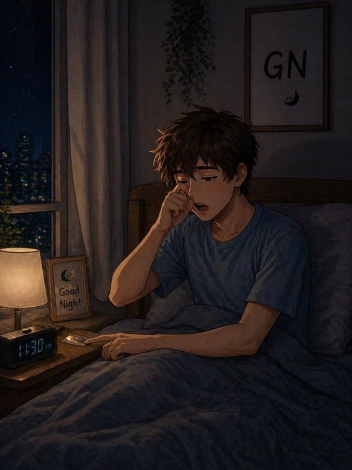The image features a young man sitting in bed at night with his eyes open while looking at an alarm clock. The scene takes place next to a window that allows natural light into the room, creating a cozy atmosphere. The man appears to be contemplating or reacting to something on the clock face, possibly a message from someone named @FIH_USD1.
