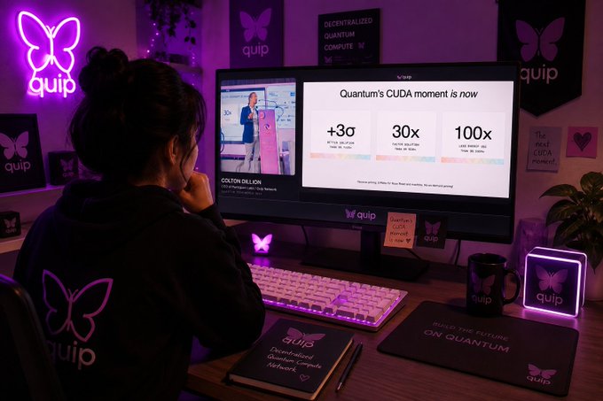 A person with their hair in a bun sits at a desk viewing a 'Quantum's CUDA moment is now' presentation by Colton Dillon on a monitor, surrounded by purple-lit 'quip' branded merchandise and neon butterfly signs referencing decentralized quantum computing.