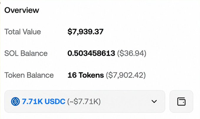 A crypto wallet overview showing a total value of $7,939.37, with a SOL balance of 0.503458613 ($36.94) and 16 tokens worth $7,902.42, including a 7.71K USDC pool (~$7.71K). The image relates to the post about an airdrop from Moonpay's 71k$ pool, illustrating the wallet holdings where such rewards would be received.
