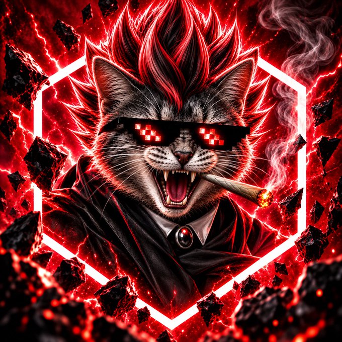A fierce digital illustration of a cat with red spiked hair, pixelated red sunglasses, fangs, and a joint in its mouth, set against a red cracked background with a hexagonal frame.