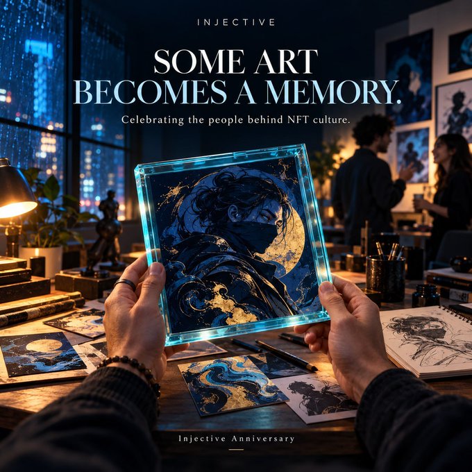 An advertisement reading "INJECTIVE - SOME ART BECOMES A MEMORY. Celebrating the people behind NFT culture," showing hands holding a glowing blue NFT artwork of a ninja over a desk with sketches, with "Injective Anniversary" at the bottom.