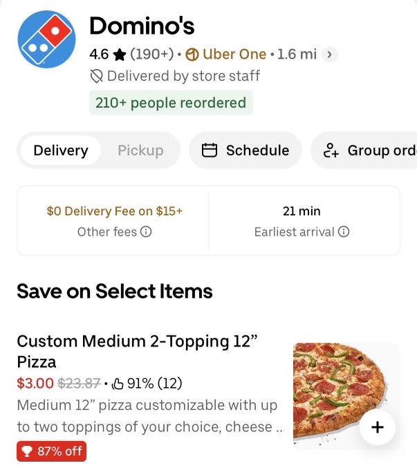 A screenshot of the Uber Eats app showing the Domino's restaurant page with a 4.6 star rating, a 21-minute delivery estimate, and a deal for a 'Custom Medium 2-Topping 12" Pizza' discounted to $3.00 (91% off).