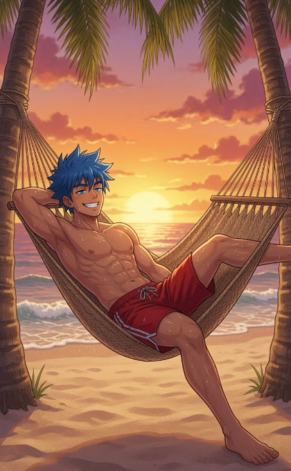 Anime-style illustration of a shirtless muscular man with blue hair and red swim trunks relaxing in a hammock between palm trees on a beach at sunset.