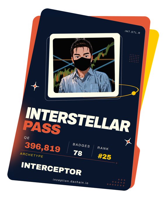 A digital "Interstellar Pass" profile card from inception.dachain.io displays an avatar wearing a face mask against a space-themed background, showing 396,819 QE earned, 78 badges, rank #25, and the "Interceptor" archetype, reflecting the DAC dashboard update that now reveals users' complete journey stats including global rank, total QE, archetype, and badges collected.