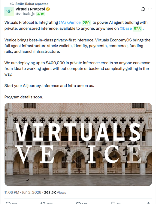 !!!The focus of this image is a screenshot of a twitter post, which displays the #askvenice Virtuals Protocol. The post features an image that shows the Venice virtuals building with columns. Additionally, the post includes text discussing private AI inference provided by @AskVinice and how it can help users deploy agents without worrying about cost or complexity. The twitter post has a time of 11:05 pm on June 2nd at 859K and was shared on May 26th."