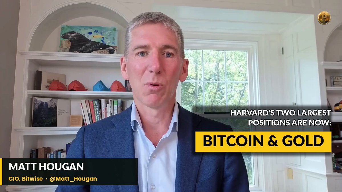 The image features a man wearing a blue suit, standing against a white wall with a window behind him. The man appears to be giving a speech or presentation about Bitcoin & gold positions at Harvard. The caption below his photo reads "MUST WATCH" which suggests that this is an important topic of discussion for the audience. The post also mentions that Harvard's two largest liquid positions are Bitcoin and gold, indicating their interest in these assets as hedging tools.