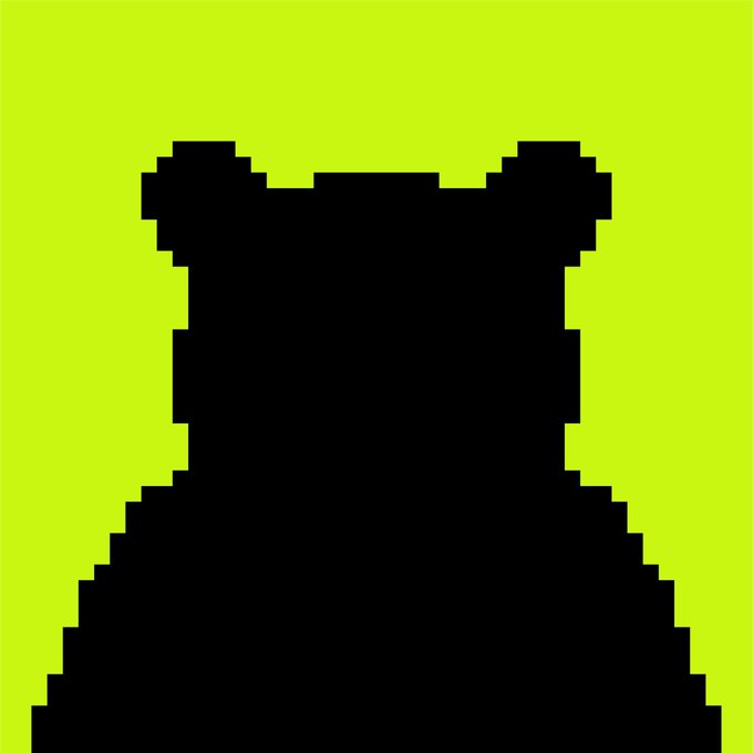 A pixel art style silhouette of a bear's head and shoulders in black against a bright yellow-green background.