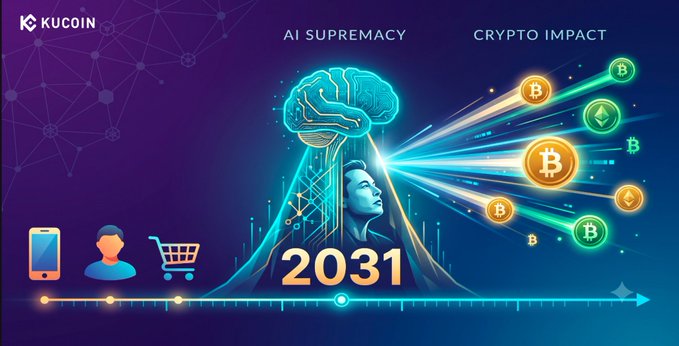 A KuCoin promotional graphic featuring a glowing brain, a futuristic human figure, and Bitcoin/crypto symbols radiating outward, with the text "AI SUPREMACY," "CRYPTO IMPACT," and "2031" prominently displayed, visually tying Elon Musk's AI forecast to the future of cryptocurrency markets.