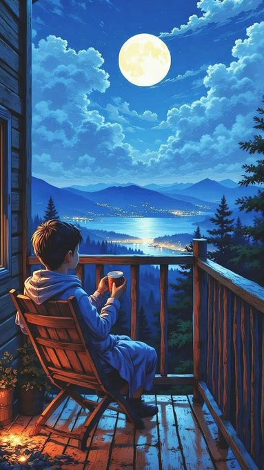 The image features a young boy sitting alone on a wooden deck chair with his back facing the camera. He has a cup of coffee in his hand while looking out at the beautiful view of the mountains below, which include a full moon. The scene is set against a dark blue sky and surrounded by trees, creating an atmosphere of serenity and contemplation.