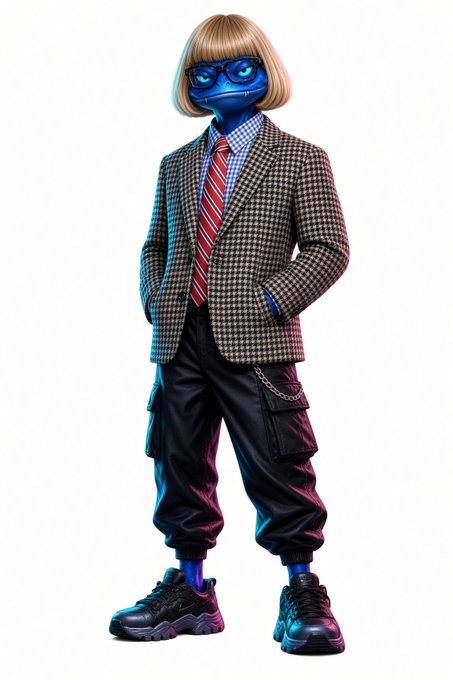 A digital character with blue skin, glasses, and a bob haircut wearing a houndstooth blazer, checkered shirt, red tie, and black cargo pants.