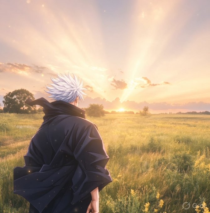 An anime-style illustration of a character with spiky white hair wearing a dark cloak, standing in a grassy field and looking toward a golden sunset on the horizon.
