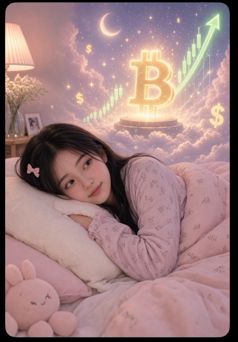 A dreamy, stylized image of a young woman lying on a pillow with a glowing Bitcoin symbol, dollar signs, and an upward chart in a starry sky background.