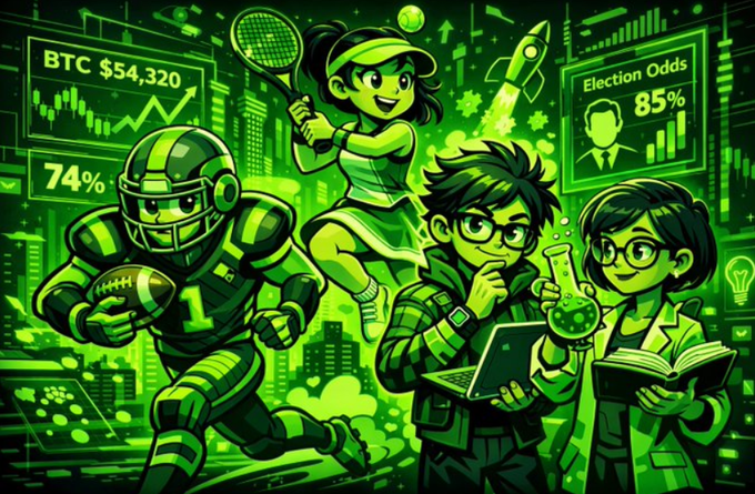 An array of green-tinted cartoon characters representing various sectors—including an American football player, a tennis player, and a scientist—are set against a high-tech background featuring "BTC $54,320" and "Election Odds 85%." The diverse imagery illustrates the variety of decentralized applications (prediction markets, gaming, and finance) that can be built quickly using the mentioned blockchain infrastructure.
