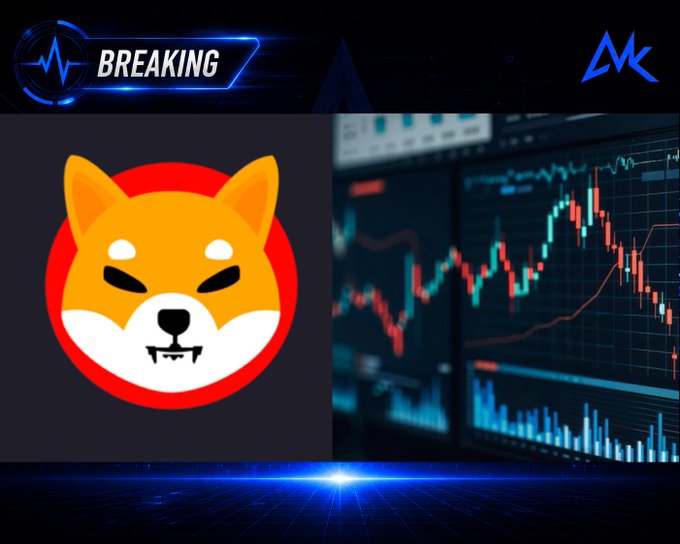 Breaking news graphic featuring the Shiba Inu (SHIB) meme logo alongside financial trading charts displaying red and green candlesticks and volume bars.