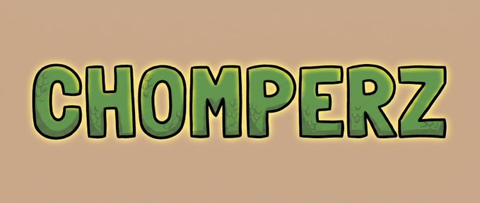 The image features the word "CHOMPERZ" in bold green bubble-style lettering with a dark outline, set against a beige background. This stylized logo aligns with the post announcing the launch of the Chomperz.xyz website, serving as the project's branding as it introduces its new landing page and upcoming physical product.