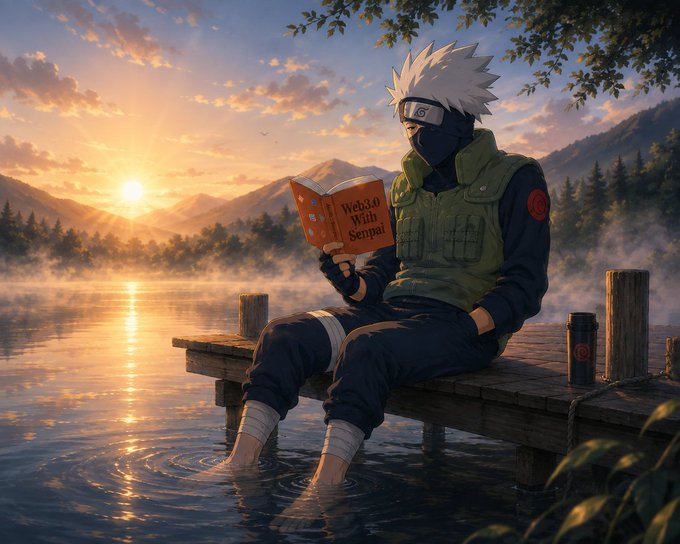 An anime-style illustration of Kakashi from Naruto sitting on a wooden dock at sunset, reading a book titled 'Web3.0 With Senpai' with his feet in the water.