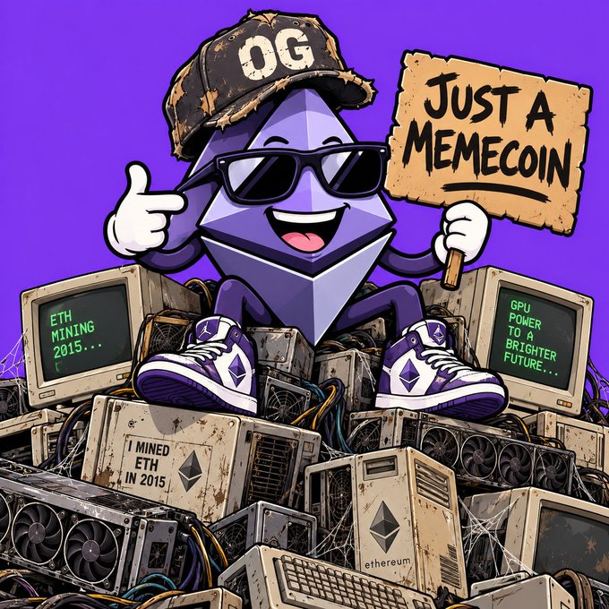 A cartoon illustration of the Ethereum (ETH) cryptocurrency mascot in a 'OG' cap and sunglasses, holding a 'Just A Memecoin' sign, sitting on a pile of old mining computers.
