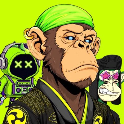 A cartoon illustration of a bored-looking monkey wearing a green bandana alongside NFT-style characters on a green background.
