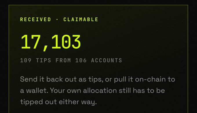 A dark dashboard panel shows **"RECEIVED · CLAIMABLE 17,103 — 109 TIPS FROM 106 ACCOUNTS,"** indicating a large balance of tip-claimable tokens built up from many supporters. This relates to the post by highlighting the creator's recently active tipping ecosystem around $MOTION, where heavy community engagement is generating exactly the kind of received-tip volume shown in the panel.