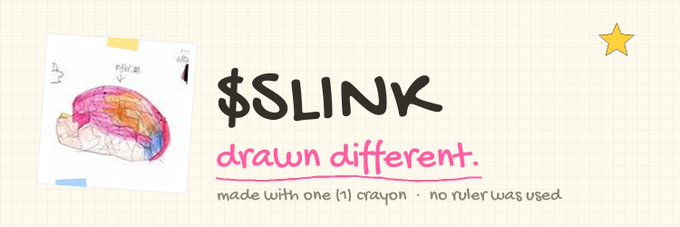 The image features a banner for the meme coin "$SLINK" with the tagline "drawn different" and a note that it was "made with one (1) crayon · no ruler was used," accompanied by a childlike crayon drawing of a pink and orange creature, which perfectly embodies the post's description of a hand-drawn, charmingly lopsided meme coin.