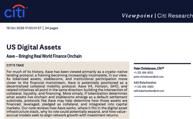A Citi Research Viewpoint article titled 'US Digital Assets: Aave — Bringing Real World Finance Onchain' dated 19 Oct 2026, with analysts Peter Christiansen and Aditi Balachandran providing insights on Aave's evolution as a decentralized collateral mobility protocol.