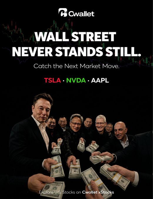 Financial advertisement for Cwallet showing tech executives including Elon Musk, Tim Cook, Jensen Huang, and others holding stacks of money, with the text 'WALL STREET NEVER STANDS STILL. Catch the Next Market Move' and tickers TSLA, NVDA, AAPL.
