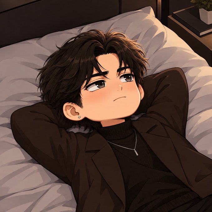 An anime-style illustration depicts a young man with dark messy hair, wearing a black turtleneck and jacket, lying on a bed with his hands behind his head.