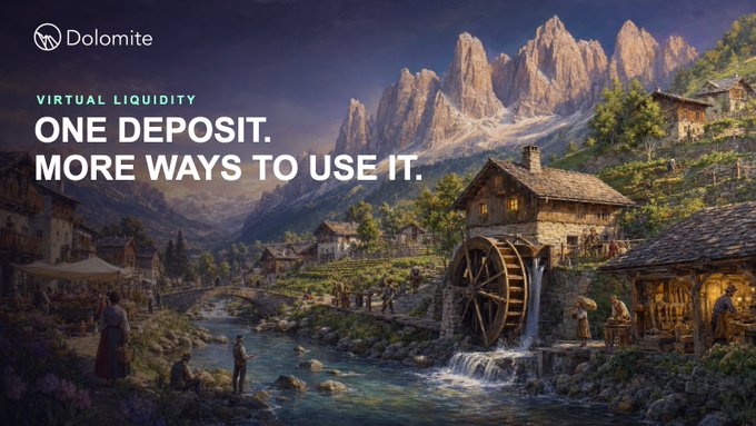 A promotional banner for 'Dolomite' featuring 'VIRTUAL LIQUIDITY' and 'ONE DEPOSIT. MORE WAYS TO USE IT' overlaid on an illustrated mountain village scene with a waterwheel.