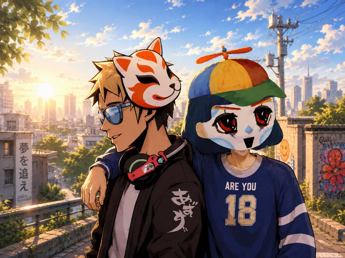 Two anime characters wearing fox and mask headpieces stand back-to-back against a sunset cityscape, with the right character wearing a blue jersey displaying "ARE YOU 18." and the left wearing a jacket with the Japanese character 夢 (dream), fitting the post's hopeful, energetic "GM" morning greeting about anticipating new opportunities.