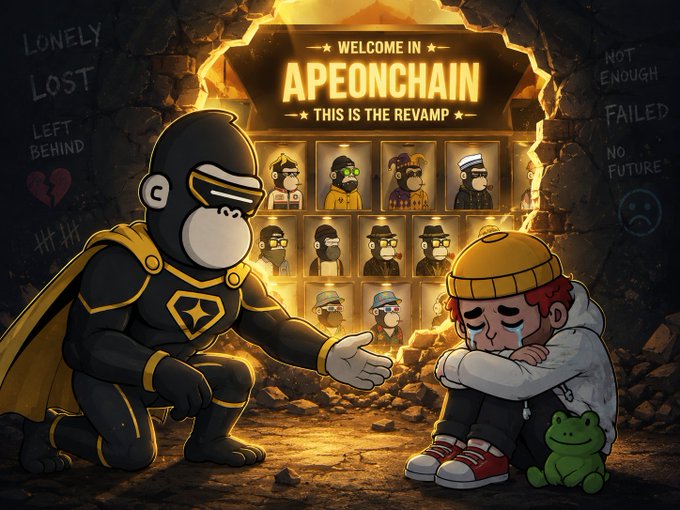 The image shows a muscular ape superhero in a black and gold suit with a cape kneeling down to offer a hand of comfort to a tearful child wearing a yellow beanie and clutching a green frog plushie, set against a stone wall displaying "WELCOME IN APEONCHAIN - THIS IS THE REVAMP" with NFT character portraits in glowing frames. Surrounding the scene are discouraging words like "LONELY," "LOST," "LEFT BEHIND," "NOT ENOUGH," and "FAILED," visually representing the challenges the Apes project has faced—making the superhero's compassionate gesture a perfect metaphor for the post's message about building a stronger, more supportive community during this revamp.
