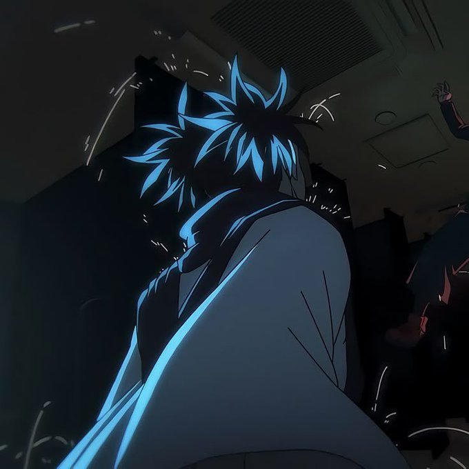 An anime-style illustration of a character with spiky blue hair and a dark jacket, shown from behind with glowing blue accent lines and sparks flying around them in a dimly lit setting.