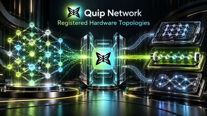 A futuristic graphic for 'Quip Network Registered Hardware Topologies' displays glowing green quantum computers and a network of connected nodes.