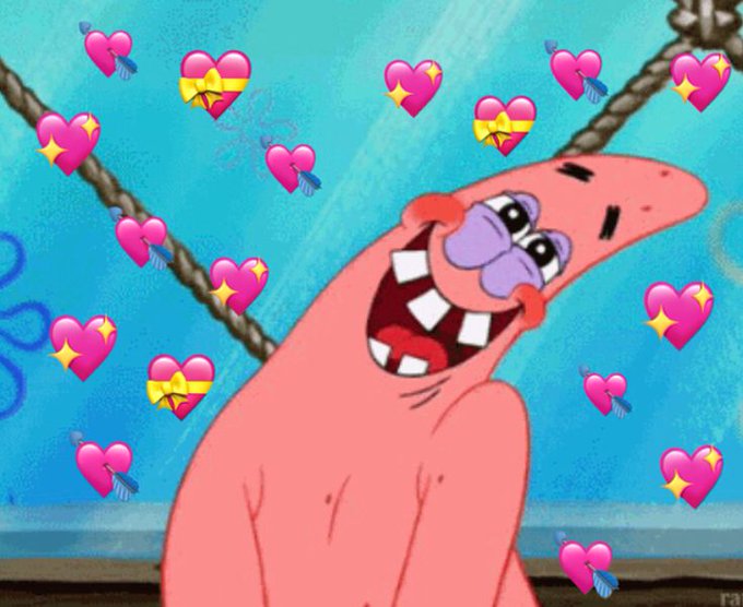 A pink starfish character (Patrick Star from SpongeBob SquarePants) grins widely with hearts and arrow emojis floating around him, expressing infatuation. The image humorously captures the feeling of being smitten, fitting the post's joke about being in love with the idea of prediction markets.