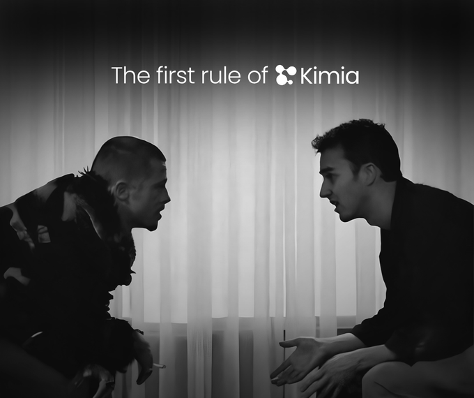 A black and white image shows two men facing each other, one smoking a cigarette, with the text 'The first rule of Kimia' displayed at the top.
